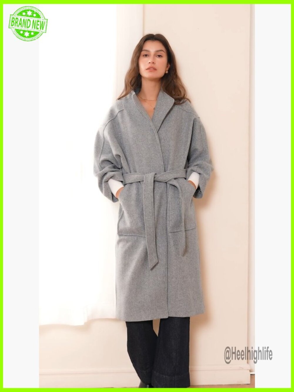 Wool Blend Wrap Pea Coat Oversized Open Front Long Coat - Picture 7 of 7